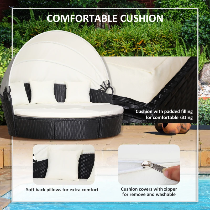 Outsunny 4 Pieces Outdoor Daybed, Patio Lounge Chair with Cushioned Round Sofa Bed, Sectional Patio Conversation Furniture Set with Canopy  & Coffee Table, Black