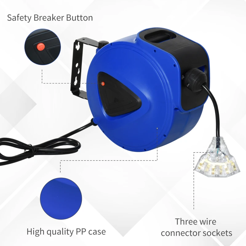 DURHAND 49ft Retractable Extension Cord Reel, Portable Power Cord with Triple Tap Connector Automatic Retract Ceiling Wall Mount Garage Garden, Blue