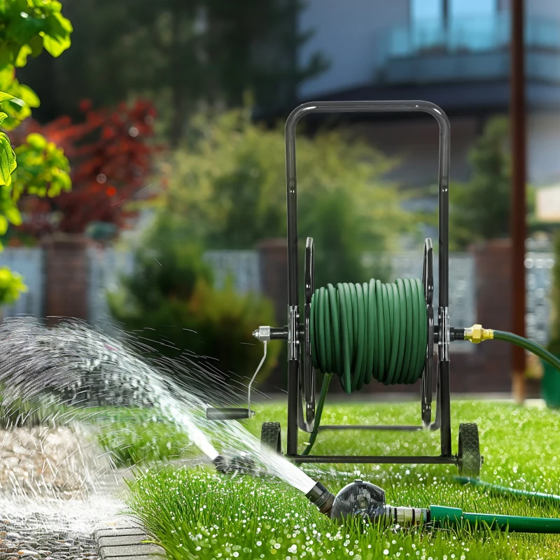 Outsunny 98 ft of 5/8" Hose Reel Cart (Hose Not Included), Garden Water Hose Carts with Wheels for Yard, Lawn, Black
