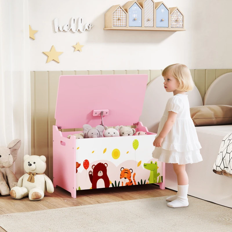 Qaba Kids Storage Chest with Lid, Toy Box Organizer with Safety Hinges for Playroom, Bedroom, Living Room, Pink