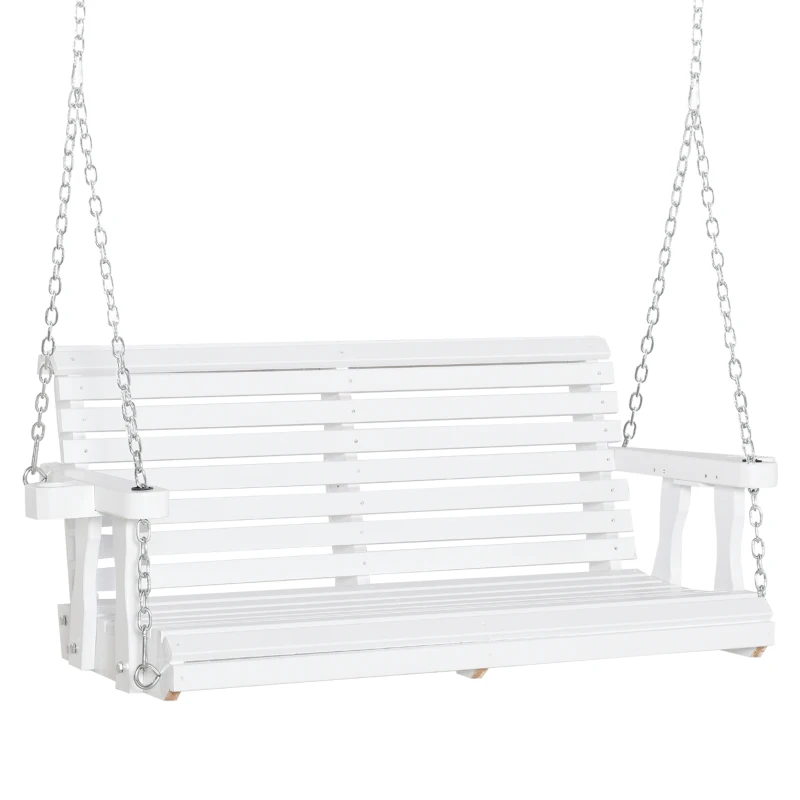 Outsunny 46" 2-Person Porch Swing Wooden Patio Swing Bench with Cup Holders, Slatted Design, Chains, 440lb Weight Capacity, White