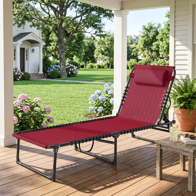 Outsunny Folding Chaise Lounge Pool Chair with 4-Position Reclining Back, Pillow, Breathable Mesh & Bungee Seat, Wine Red