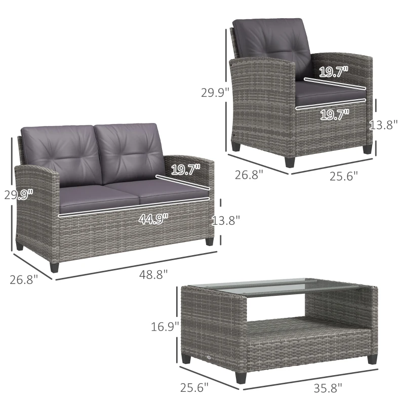 Outsunny 4 Piece PE Rattan Wicker Patio Furniture Set with Two-tier Coffee Table and Cushions, Dark Gray