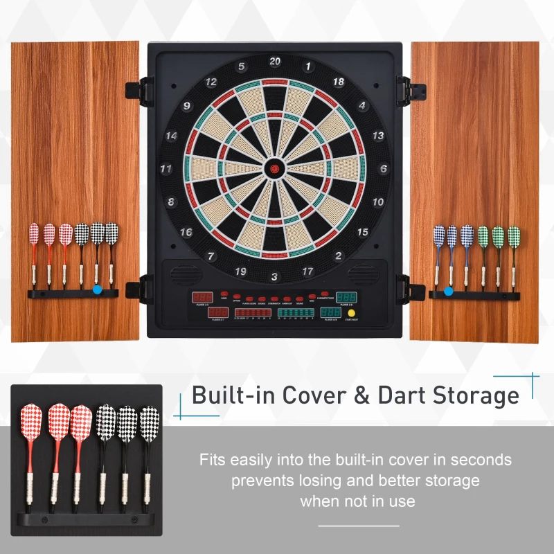 Soozier Electronic Dartboard Cabinet Set with 27 Main Games, 202 Variations, 12 Darts for Multi-Game Option Ready-to-Play, Light Brown