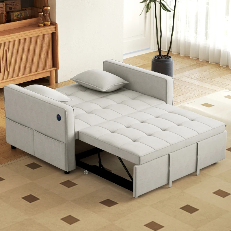 HOMCOM 3‑in‑1 Convertible Sofa Bed, Pull Out Sleeper Sofa with USB Charging, Adjustable Backrest, Side Pockets, Beige