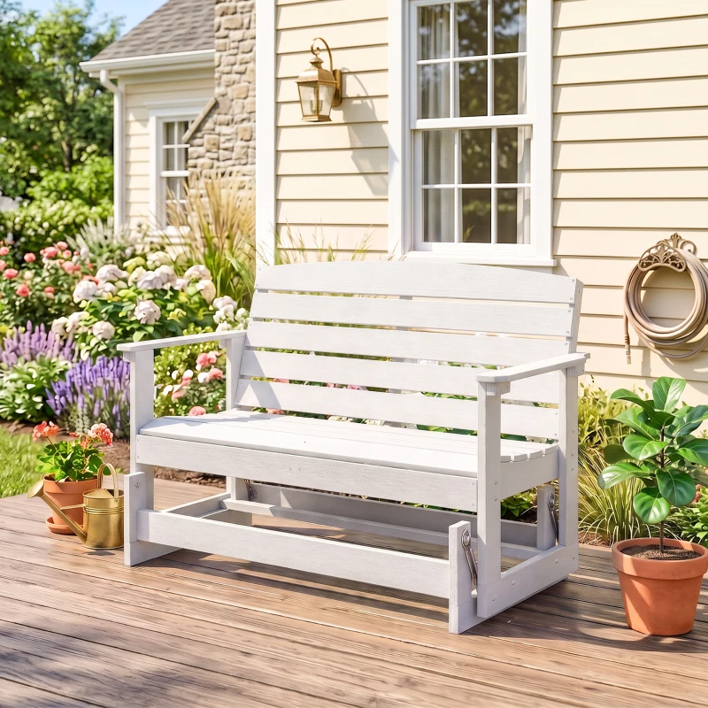 Outsunny Patio Glider Bench w/ HDPE Slatted Double Rocking Chair, White