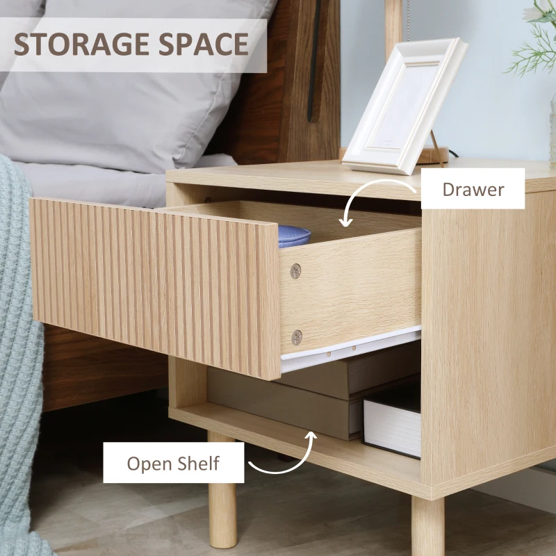 HOMCOM Modern Bedside Table with Drawer and Open Shelf, Sofa Side Table for Bedroom Living Room, Natural