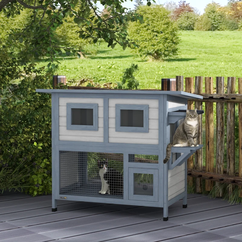 PawHut 2 Tier Outdoor Cat House Weatherproof with Escape Door, Asphalt Roof for Outside, Backyard, Light Gray