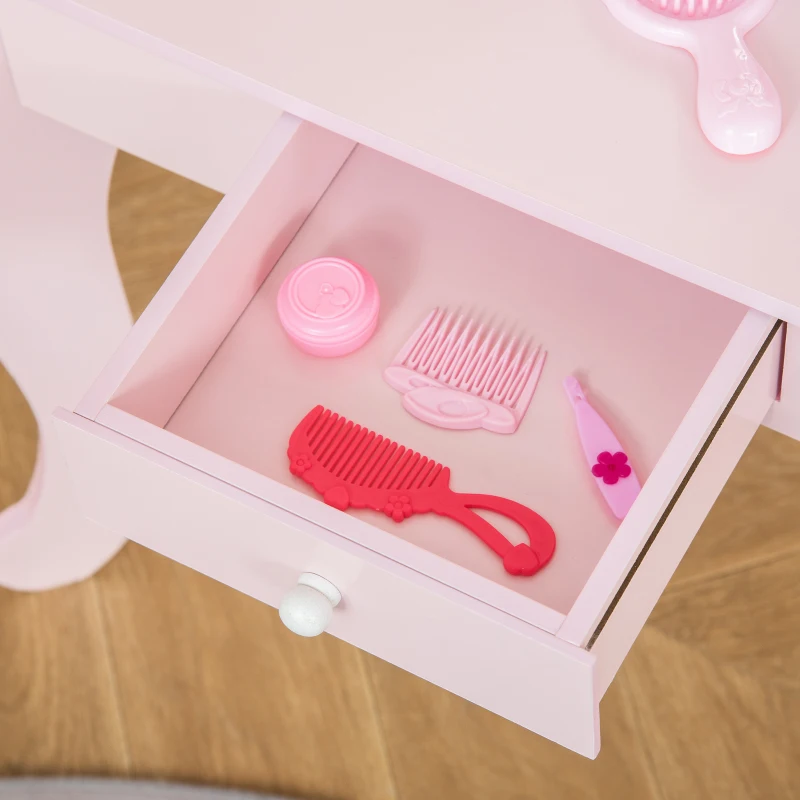 Qaba Kids Vanity Table Set with Mirror and Stool, Drawer, for 3-6 Years, Pink
