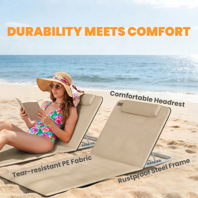Outsunny 2 Pieces Beach Lounge Chair, Outdoor Folding Chaise Lounge Set w/ Pillow for Sunbath, Snap, Beige