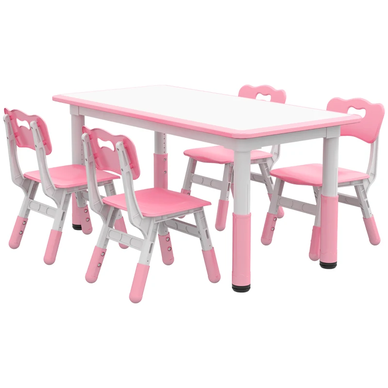 Qaba Kids Table and Chair Set with 4 Chairs, Adjustable Height, Easy to Clean, for 1.5 - 8 Years Old, Pink
