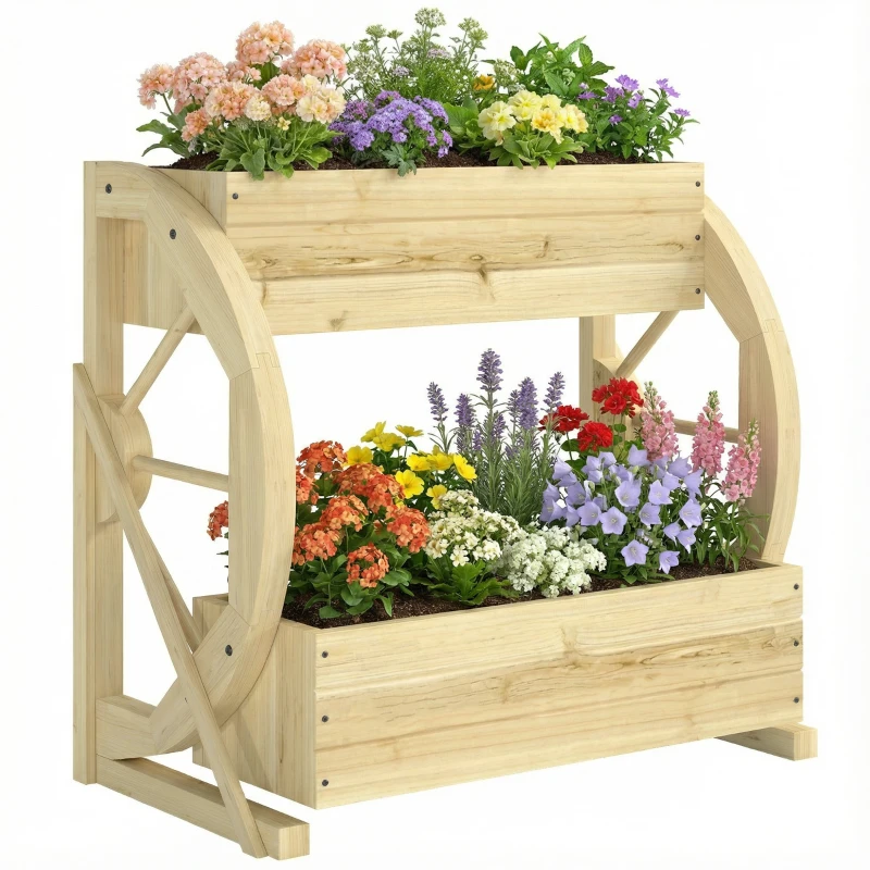 Outsunny Wooden Wagon Planter Box, 2-Tier Raised Garden Bed, for Vegetables Flowers Herbs, Natural