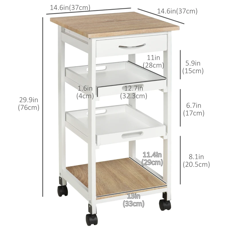 HOMCOM Bar Cart, 4-Tier Kitchen Cart with Removable Serving Tray, Kitchen Shelves on Wheels with Drawer for Dining Room, Living Room, White