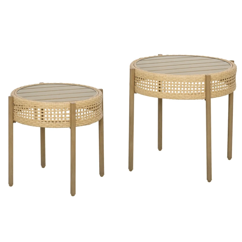 Outsunny Wicker Patio Table Set, Slatted Metal Top, Dia. 23.2"/19.3", Brown