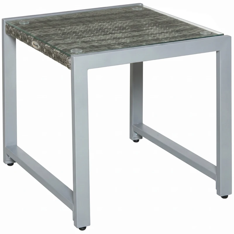 Outsunny Rattan Coffee Table, Wicker Patio Side Table with Tempered Glass Top and Aluminum Frame for Outdoor, Garden, Gray