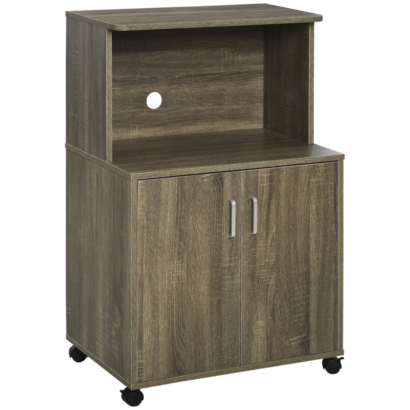 HOMCOM Microwave Cart on Wheels Utility Trolley Storage Sideboard with 2-door Cabinet, Grey Wood Grain