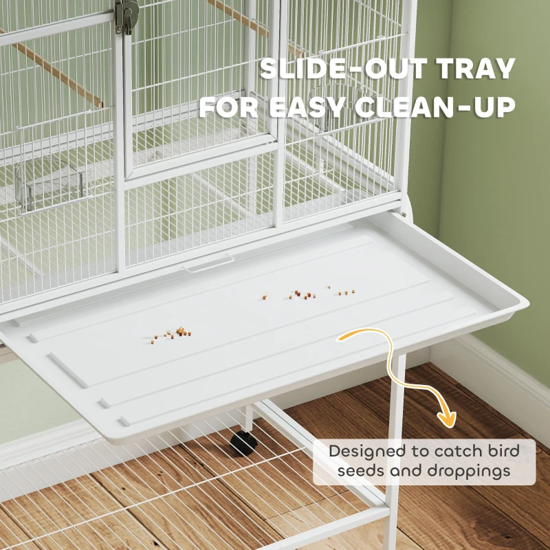 PawHut 64" Large Rolling Bird Cage Bird House with Detachable Rolling Stand, Storage Shelf, Wood Perch Food Container, White