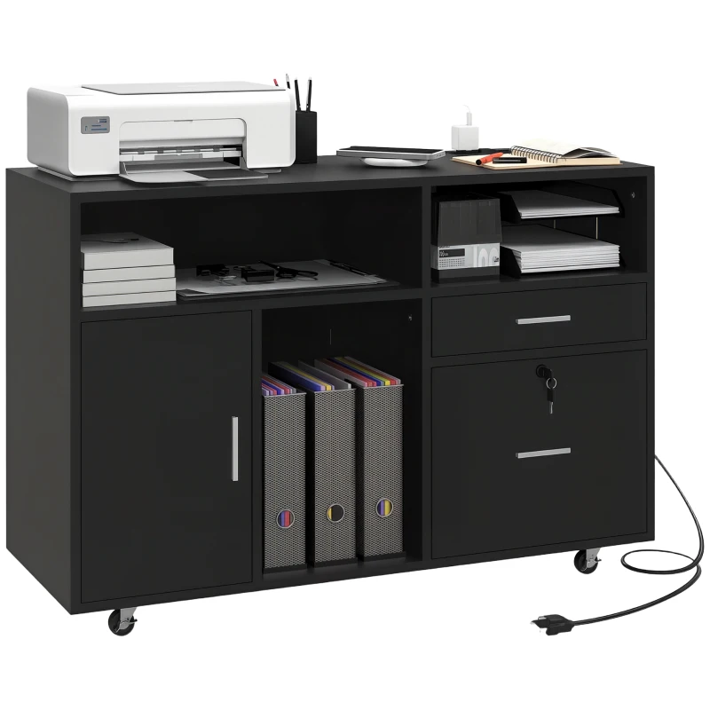 HOMCOM Mobile Printer Stand with Charging Station and USB Ports, Locking Filing Cabinet for A4 and Letter Size, Black