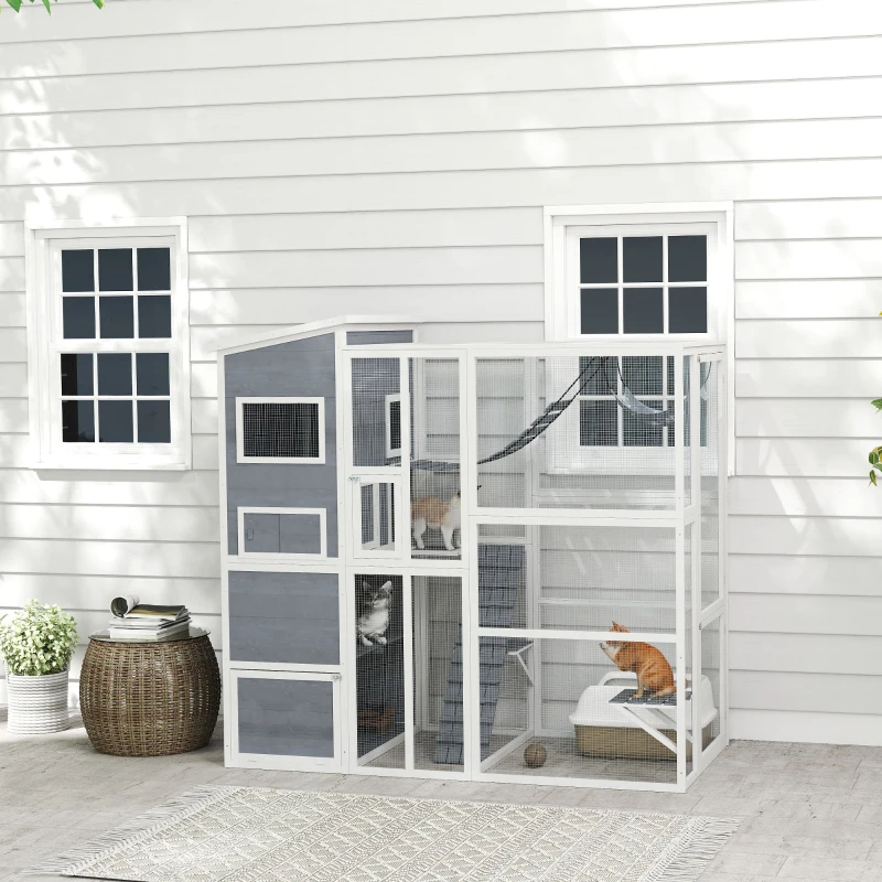 PawHut 76" Catio Outdoor Cat Enclosure with Cat Condo, Jumping Platforms, Ladder, Ramps, Hammock for 2-3 Indoor Cats, Grey