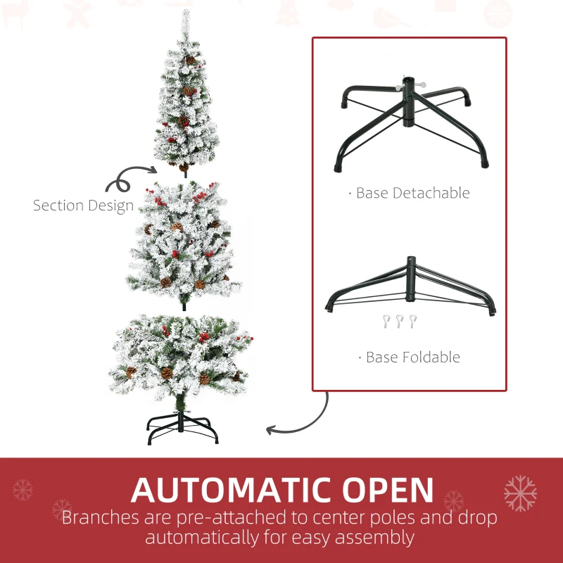 HOMCOM 6' Pencil Snow Flocked Artificial Christmas Tree with 600 Pine Realistic Branches, Pine Cones, Red Berries, Auto Open, Green