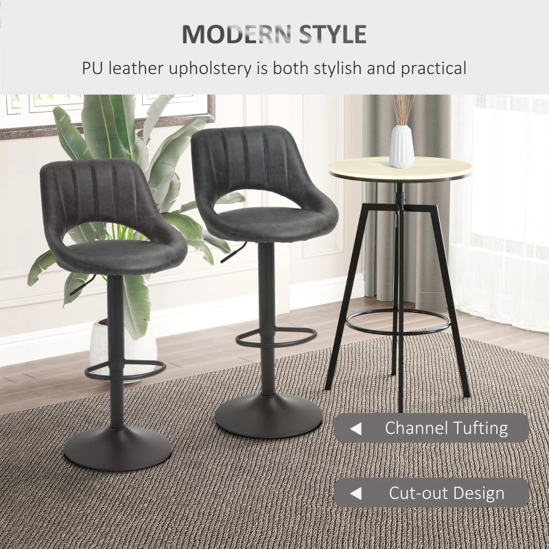 HOMCOM  Set of 2 Adjustable Bar Stools with PU Upholstered Back, Footrest, Round Base for Kitchen, Dining Room, Grey