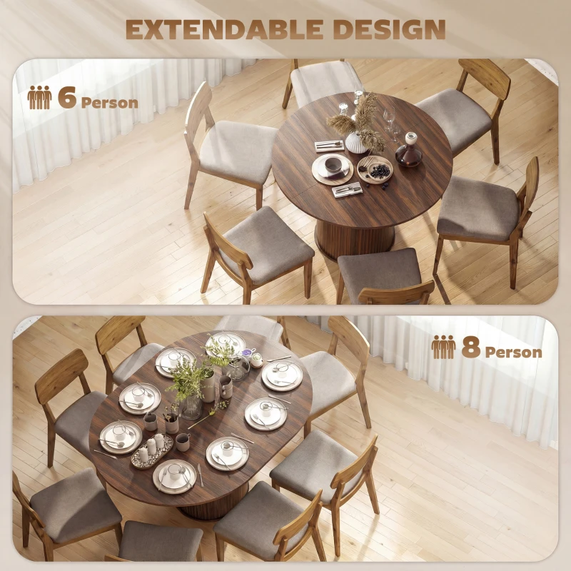 HOMCOM Extendable Kitchen Table for 6-8, 43.5"-59" Farmhouse Dining Table with Pedestal Base Walnut Wood Grain