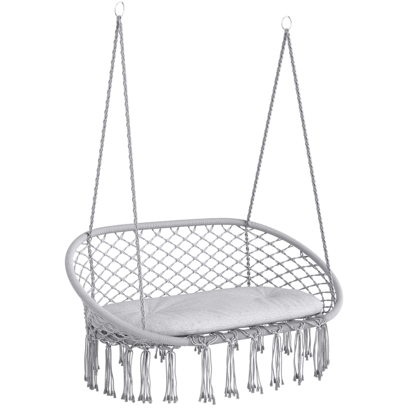Outsunny 2-Person Hammock Chair Macrame Swing with Soft Cushion, Hanging Cotton Rope Chair for Indoor Outdoor Home Patio Backyard, Light Gray