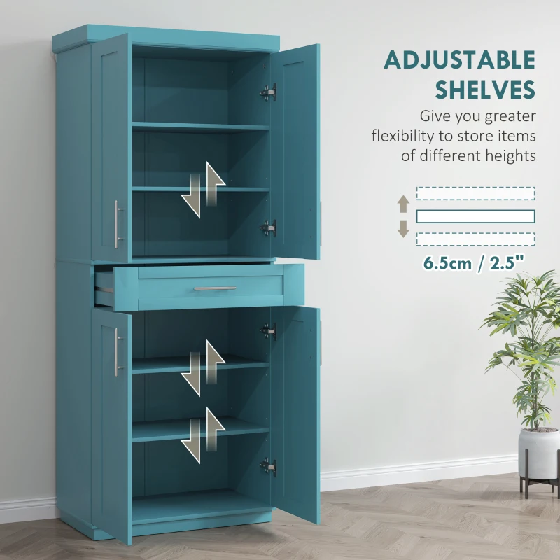 HOMCOM Modern Kitchen Pantry Freestanding Cabinet Cupboard with Doors and Drawer, Adjustable Shelving, Turquoise