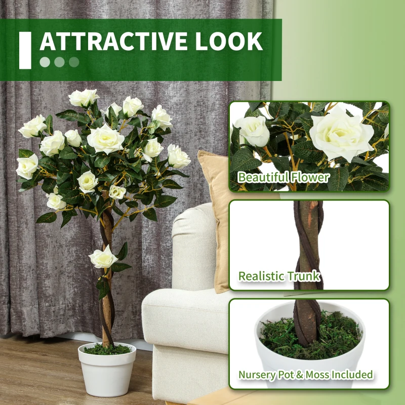 Outsunny 3FT Artificial Plant White Rose Floral Set of 2 in Pot, Fake Plant for Home Indoor Decor