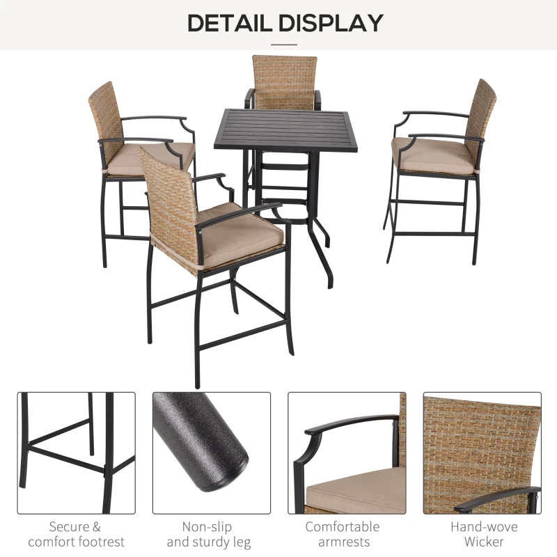 Outsunny 5-Piece Rattan Bar Table and 4 Chairs with Padded Cushions, Mixed Brown