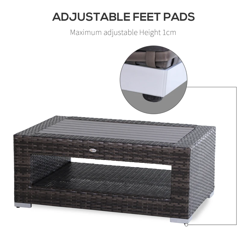 Outsunny Wicker Coffee Table with Height Adjustable Feet, 2 Tier Storage Shelf, Rattan Wicker Patio Table with Deluxe Slatted Top for Outdoor, Patio, Garden, Backyard, Mixed Grey