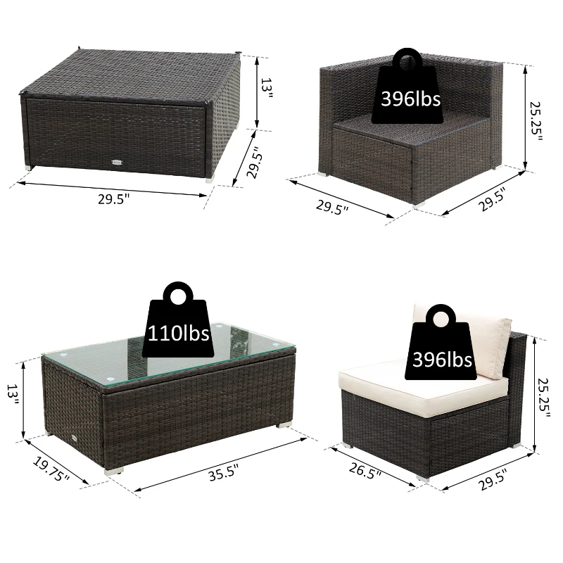 Outsunny 5-Piece Outdoor Sectional Furniture, Patio Sofa Set, PE Wicker Couch, Cushions, Pillows, Ottoman, Table, Beige