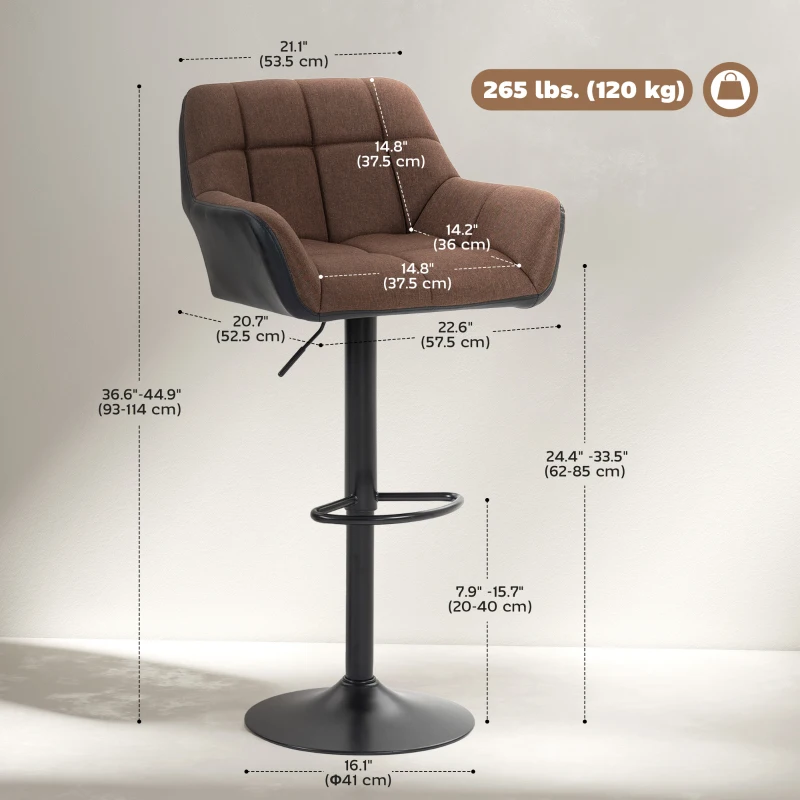 HOMCOM Swivel Barstools Set of 2 Adjustable Bar Stools with Footrest Armrests and PU Leather Back for Dining Room Brown