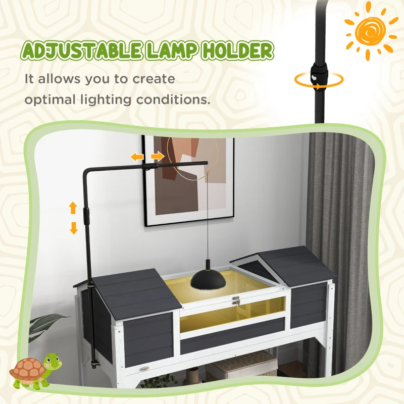 PawHut Tortoise Enclosure Tortoise House with Adjustable Lamp Holder Storage Shelf, Dual Main Houses, Openable Lid, Gray