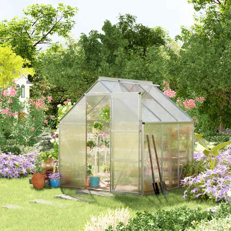 Outsunny 6' x 6' Hobby Greenhouse, Walk-in Polycarbonate Hot House Kit with Aluminum Frame, Sliding Door, Roof Vent, Silver