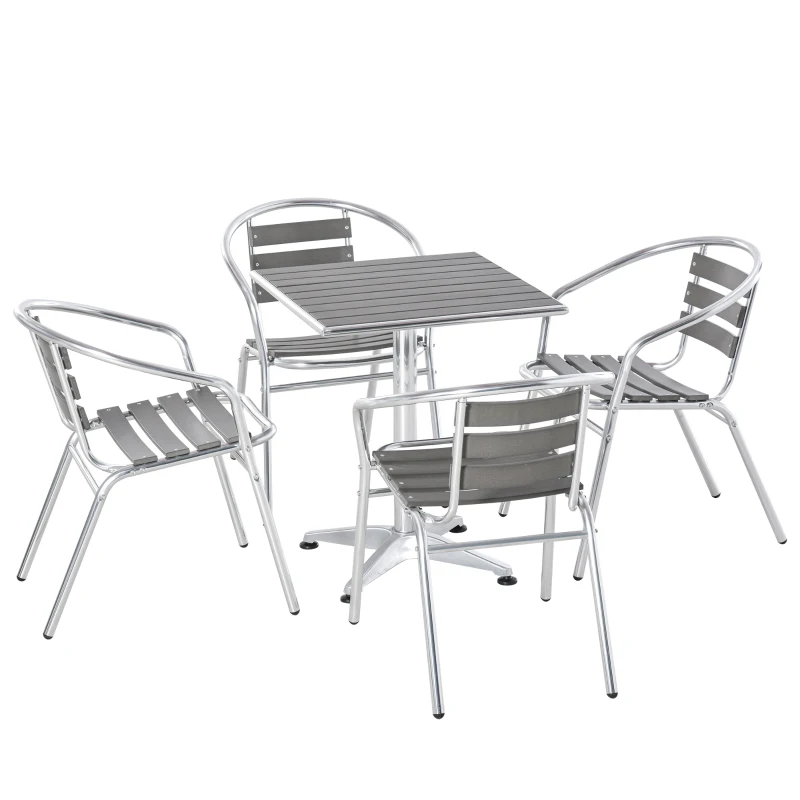 Outsunny 5-Piece Outdoor Patio Bistro Table Set with Aluminum Frame, Woodgrain-Style Tabletop & Draining Slat Design