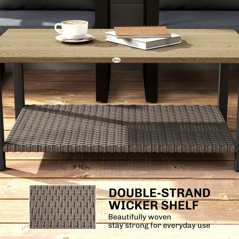 Outsunny 2-Tier Rectangle Outdoor Coffee Table, Patio Table with Wood-Effect Metal Top, Wicker Shelf for Garden, Backyard, Brown