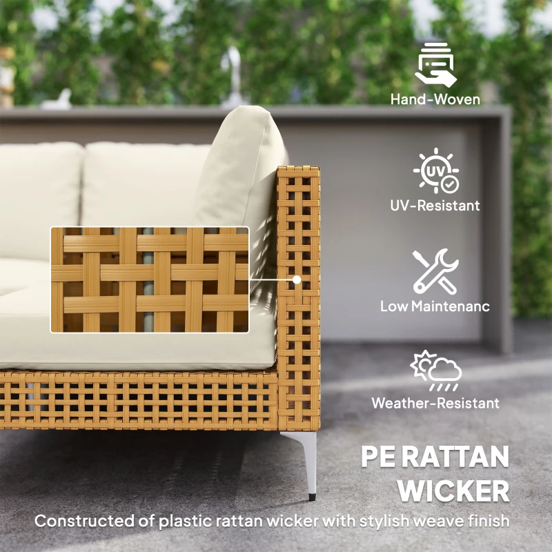 Outsunny 7 Piece Wicker Patio Furniture Set, Modular Outdoor Sectional with Thickened Cushions, Acacia Wood Table, Khaki/Beige