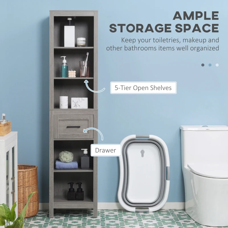 kleankin Narrow Bathroom Storage Cabinet with Drawer and 5 Tier Shelf, Tall Cabinet Freestanding Linen Tower, Slim Corner Organizer, Gray