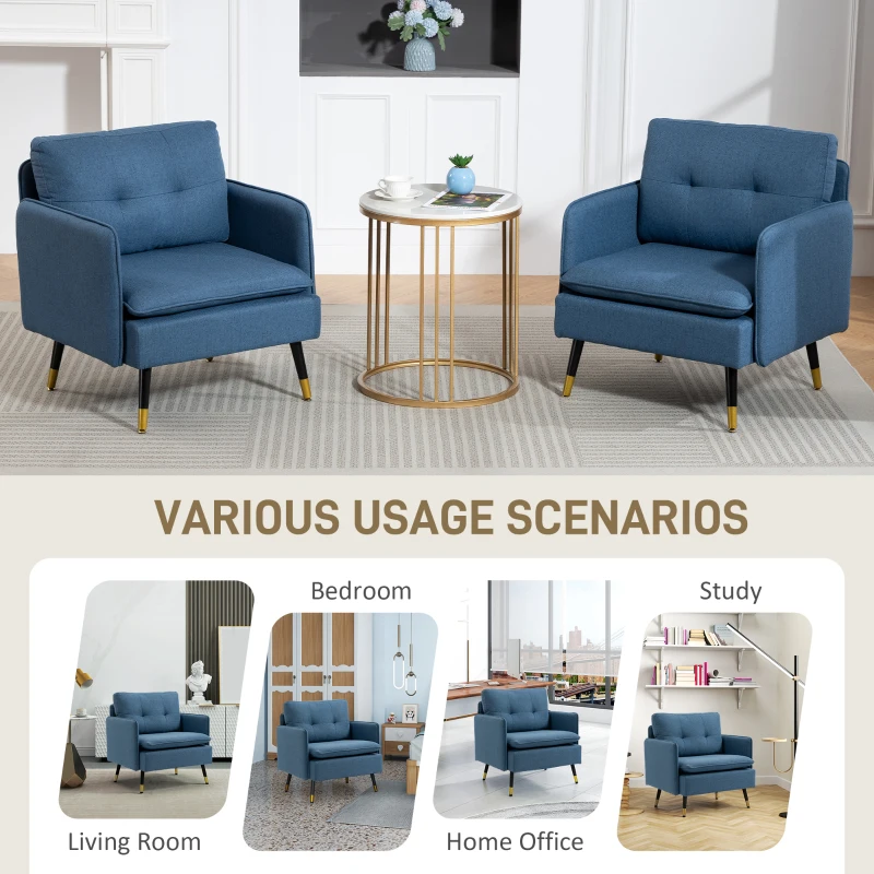 HOMCOM Accent Chairs Set of 2, Upholstered Armchairs with Tufted Back Cushion and Steel Legs for Living Room, Bedroom