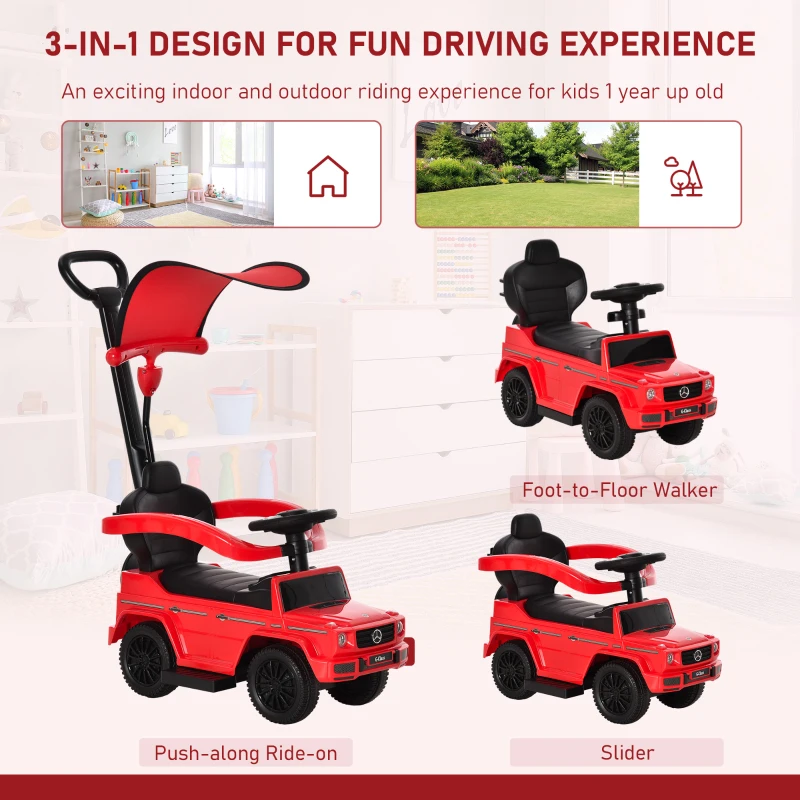 Aosom Mercedes-Benz G350 Licensed Push Car, 3-in-1 Toddler Sliding Car with Horn, Steering, Foot Rest, Seat Storage, Red