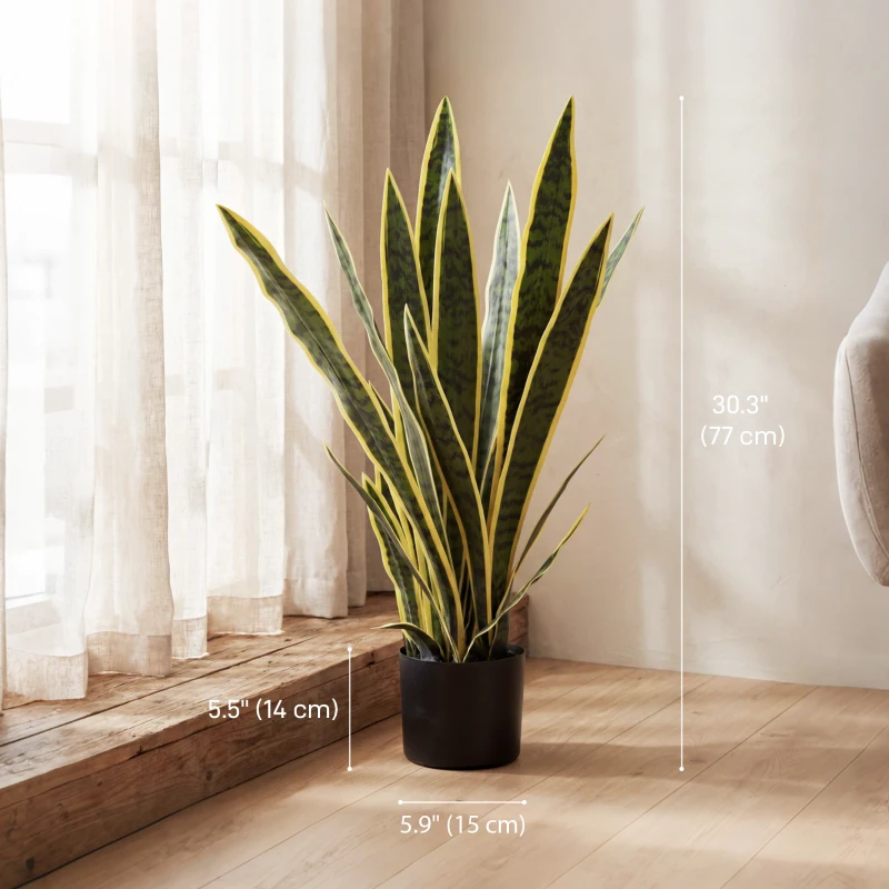 Outsunny 30" Artificial Snake Plant with 21 Leaves in Pot, Decorative Fake Plant for Home, Office, and Living Room, Green