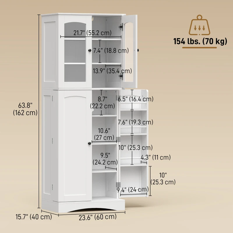 HOMCOM 64" Tall Kitchen Pantry Cabinet, Kitchen Cabinet with Soft-Close Acrylic Doors, 10 Shelves, 8 Door Racks, White
