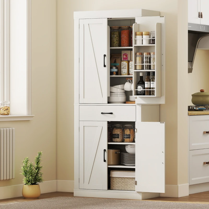 HOMCOM 72" Kitchen Pantry Cabinet, Farmhouse Kitchen Storage Cabinet with 4 Barn Doors, 6 Door Shelves, Drawer, White