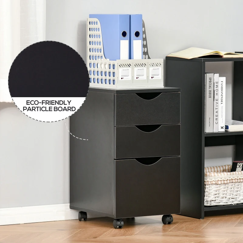 HOMCOM 3 Drawer Mobile File Cabinet with Wheels, Wood Filing Cabinet for Home Office, Rolling Under Desk Cabinet, Black