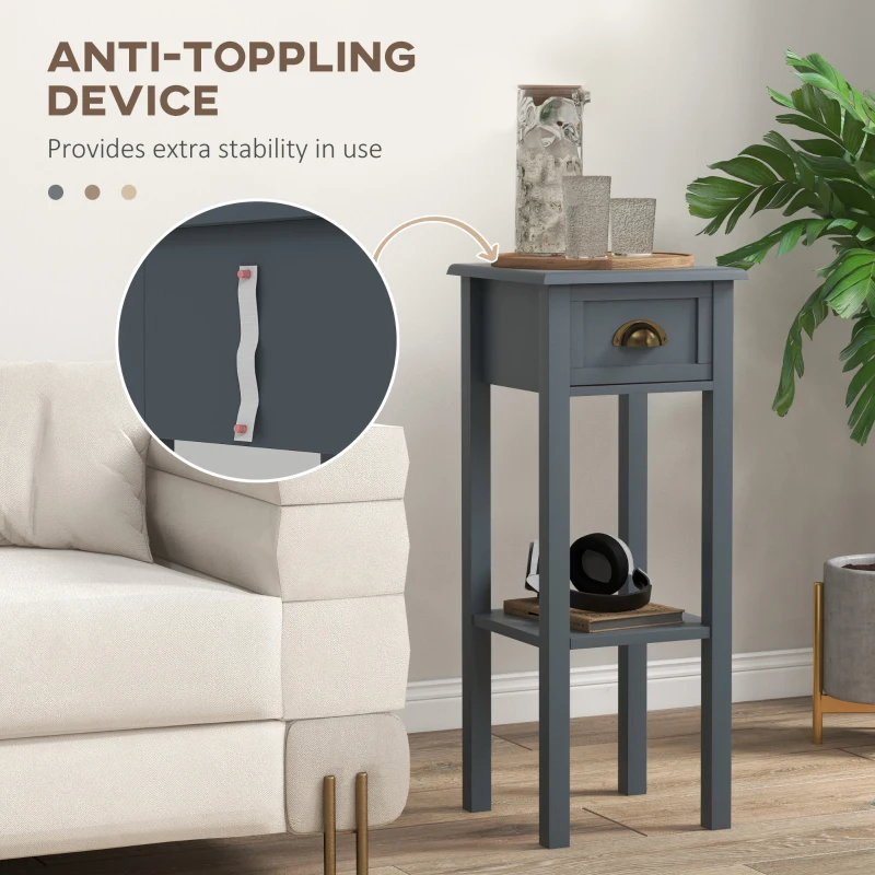 HOMCOM 2-Tier Side Tables Set of 2 with Drawer and Shelf, 2 Pieces End Tables for Living Room and Hallway, Gray