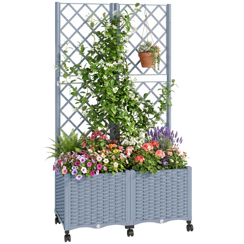 Outsunny Planter Box with Trellis, Self Watering Raised Garden Bed with Lockable Wheels and Drainage Holes, Gray