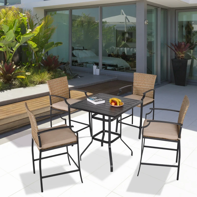 Outsunny 5-Piece Rattan Bar Table and 4 Chairs with Padded Cushions, Mixed Brown