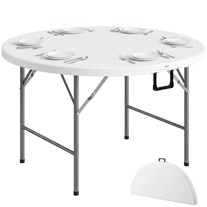 Outsunny Φ48" Folding Patio Table, Outdoor HDPE Picnic Table, Card Table for 6, Round Folding Banquet with Metal Frame, White