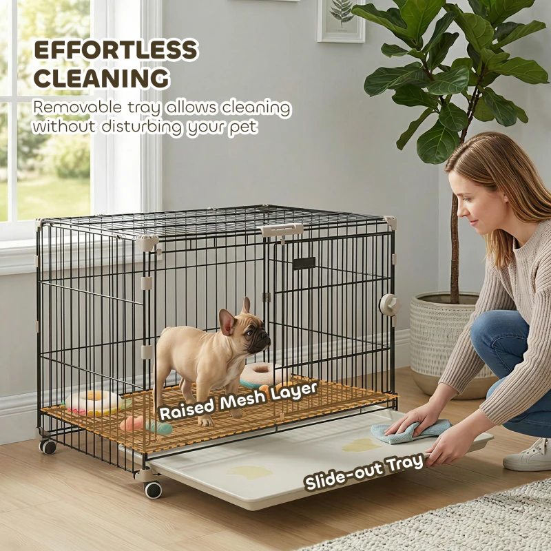 PawHut Dog Crate, 30 Inch Metal Dog Cage with Removable Tray, Lockable Wheels, 2 Doors for Small Medium Breeds, Black